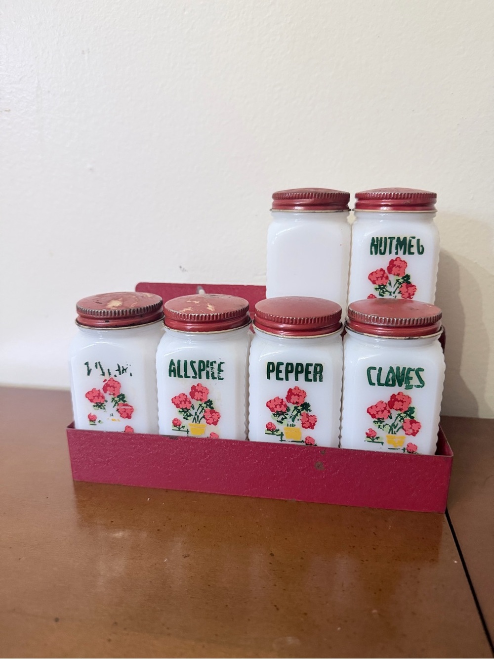 Vintage 30s Milk Glass Spice Jars Red Rack Art Deco Floral Flowers MCM Kitchy